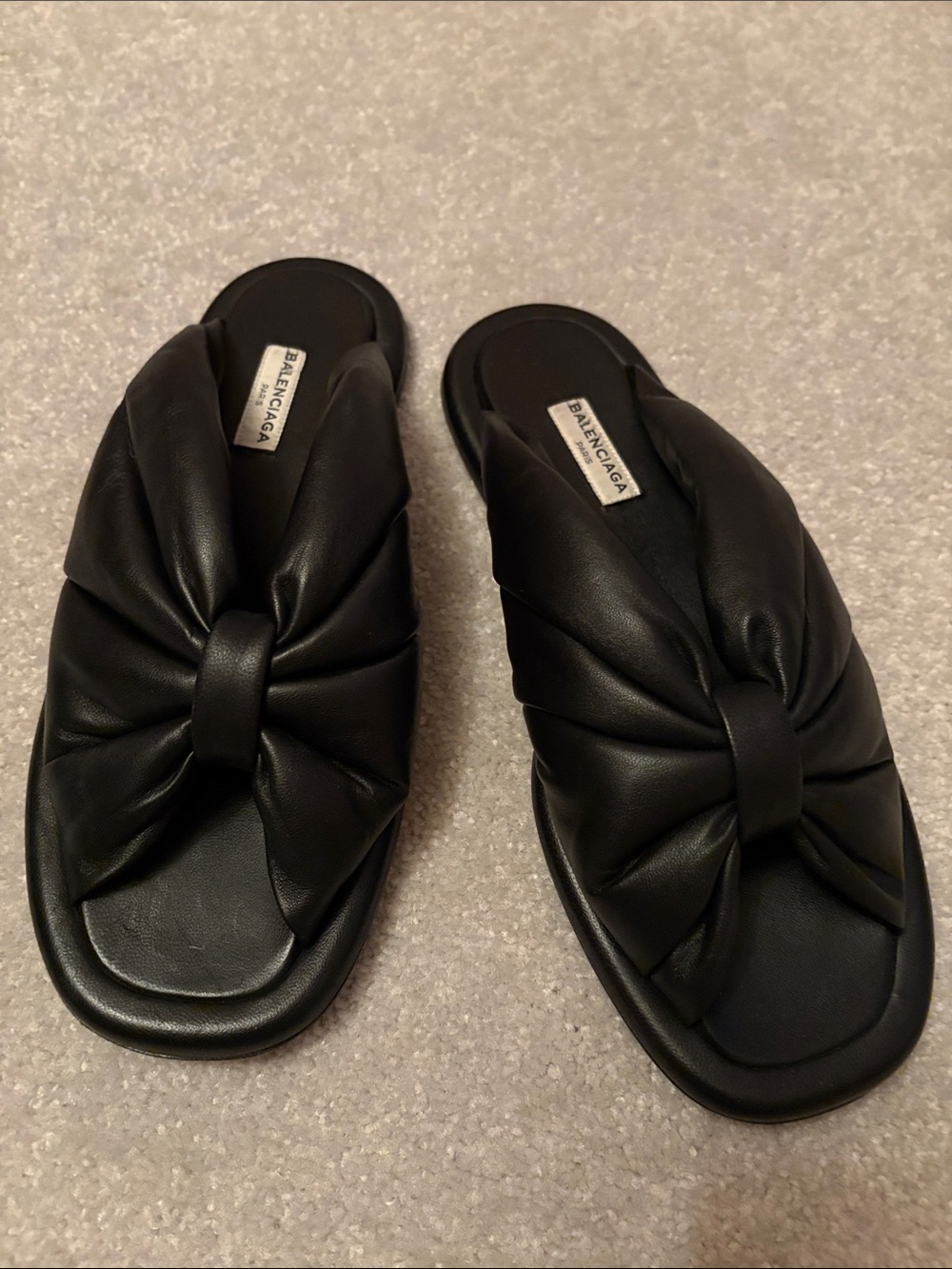 Vintage Balenciaga Black Padded Leather Knot Slide Sandals